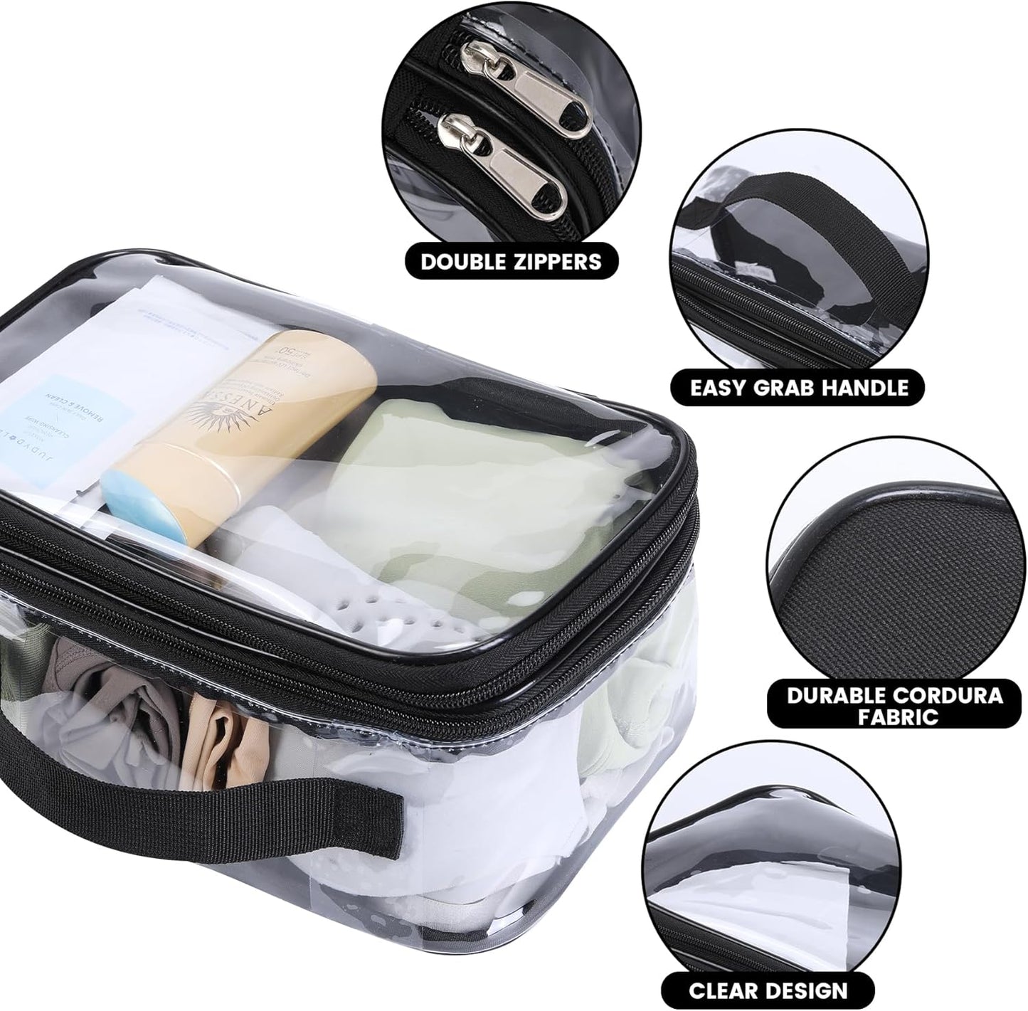 Large Clear travel bags for toiletries pouches carry on reusable,purse see-through plastic pvc TSA airport approved with handle (Black)