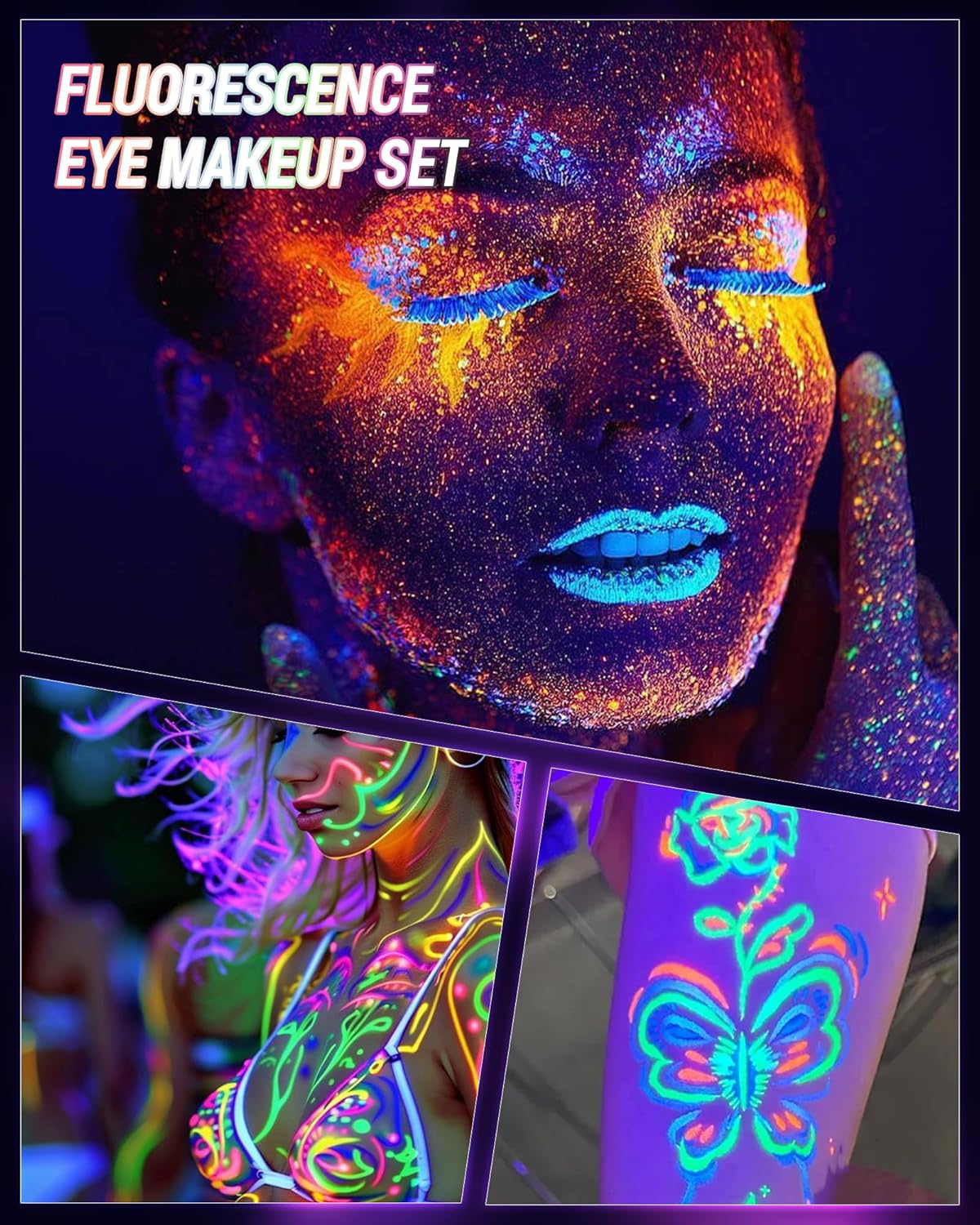 UV Neon Yellow Mascara & Eyeliner Set, Waterproof Volumizing Colored Mascara Volume and Length for Lashes Lengthening, Long Lasting Glitter Liquid Eyeliner Pencil, Halloween Glow in the Dark Makeup-07