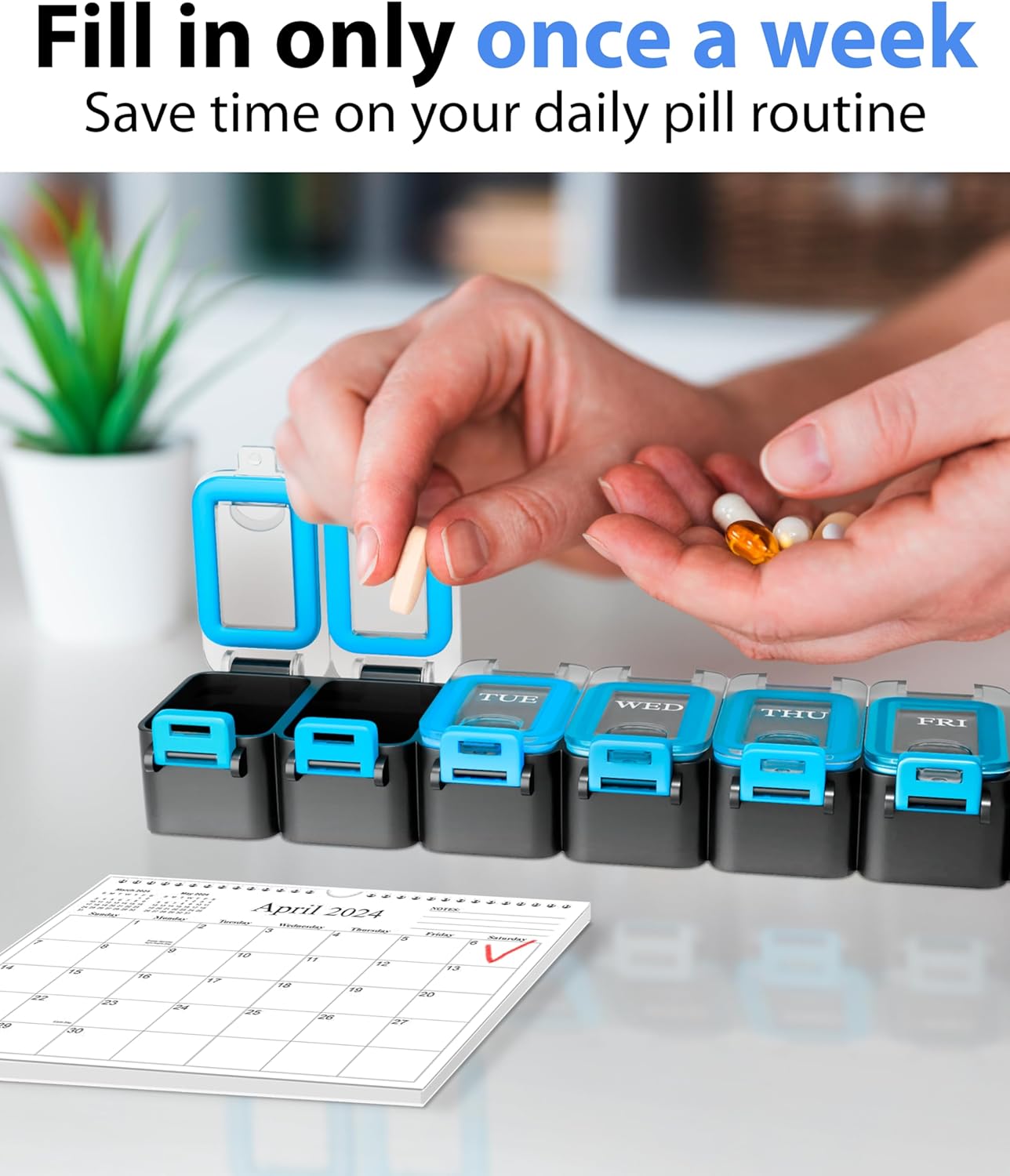 Weekly Pill Organizer 1 time a Day – Pill Box 7 Day with Enhanced Waterproof Seal, Large compartments Hold Big Vitamins & Supplements, Upgraded Locking lids, for Home & Travel use, Durable Hard case