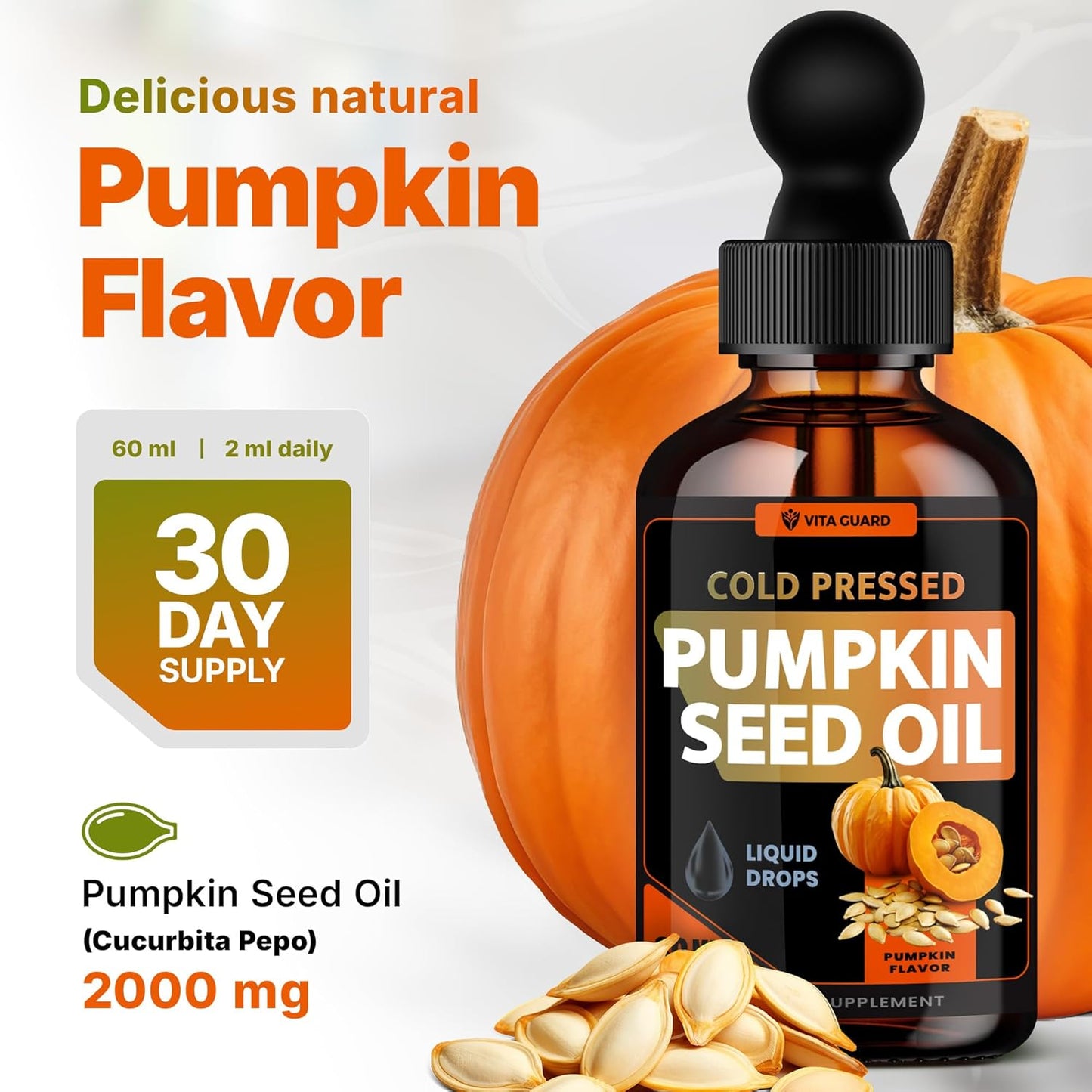 Cold Pressed Pumpkin Seed Oil Liquid Drops – 2000mg per Serving | Vegan, Gluten-Free, Non-GMO | Hair, Skin & Prostate Support | Natural Pumpkin Flavor | 60ml Dietary Supplement