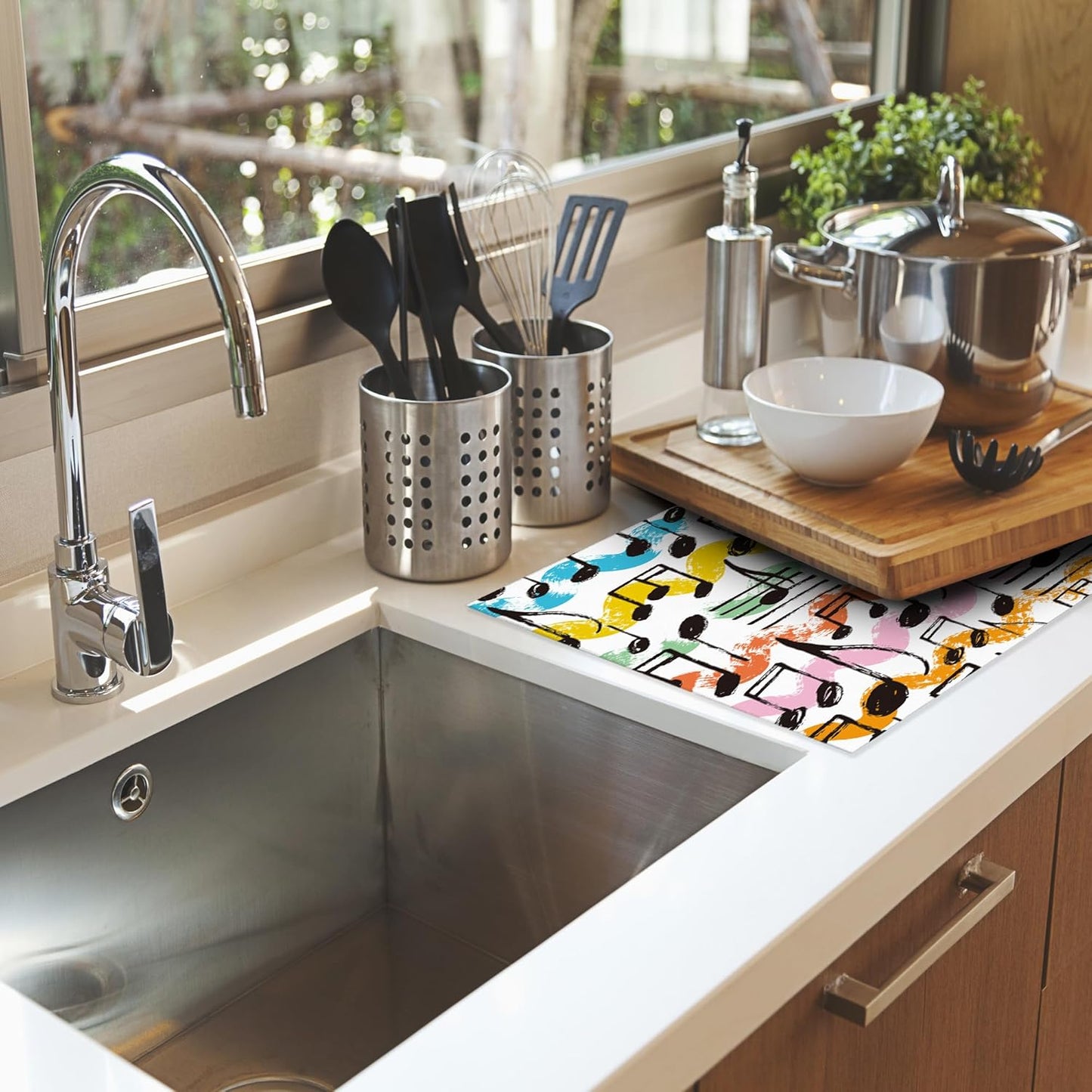 Music Notes Waves Dish Drying Rack Mats Decor, Dish Pad Drying Mat Kitchen Counter 18x24 Inch Absorbent Reversible Microfiber for Coffee Bar Sink Countertop