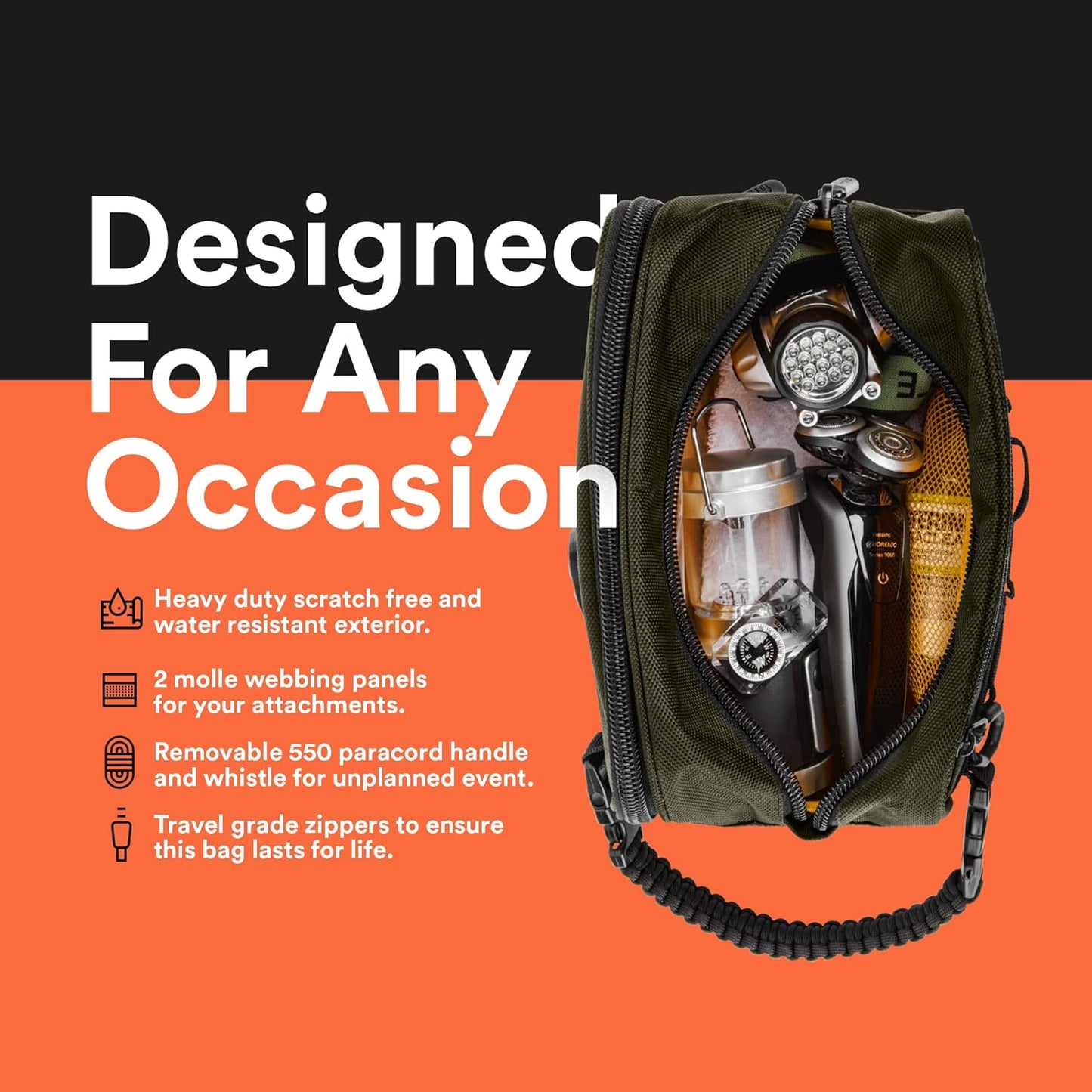 Fitdom Tactical Toiletry Bag Dopp Kit Case For Men. Perfect For Travel & Storage. Fits Large & Small Cosmetic Makeup, Clipper, Toothbrush, Shower, Shaving & Grooming Care. Best Overnight Organizer