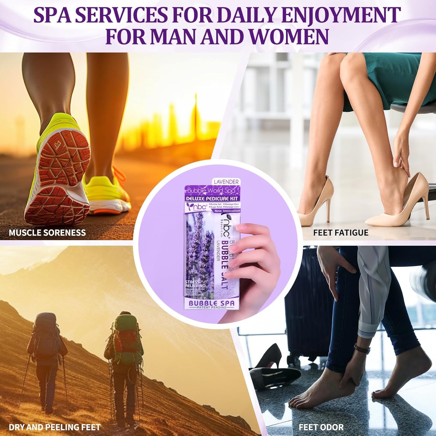 Pedicure Kit Foot Soak Set: Bubble Salt, Sugar Scrub, Massage Mask, Massage Lotion in a Box, 4 Step Foot Spa Kit for Dry Feet,Tired Feet(1 Set Lavender)