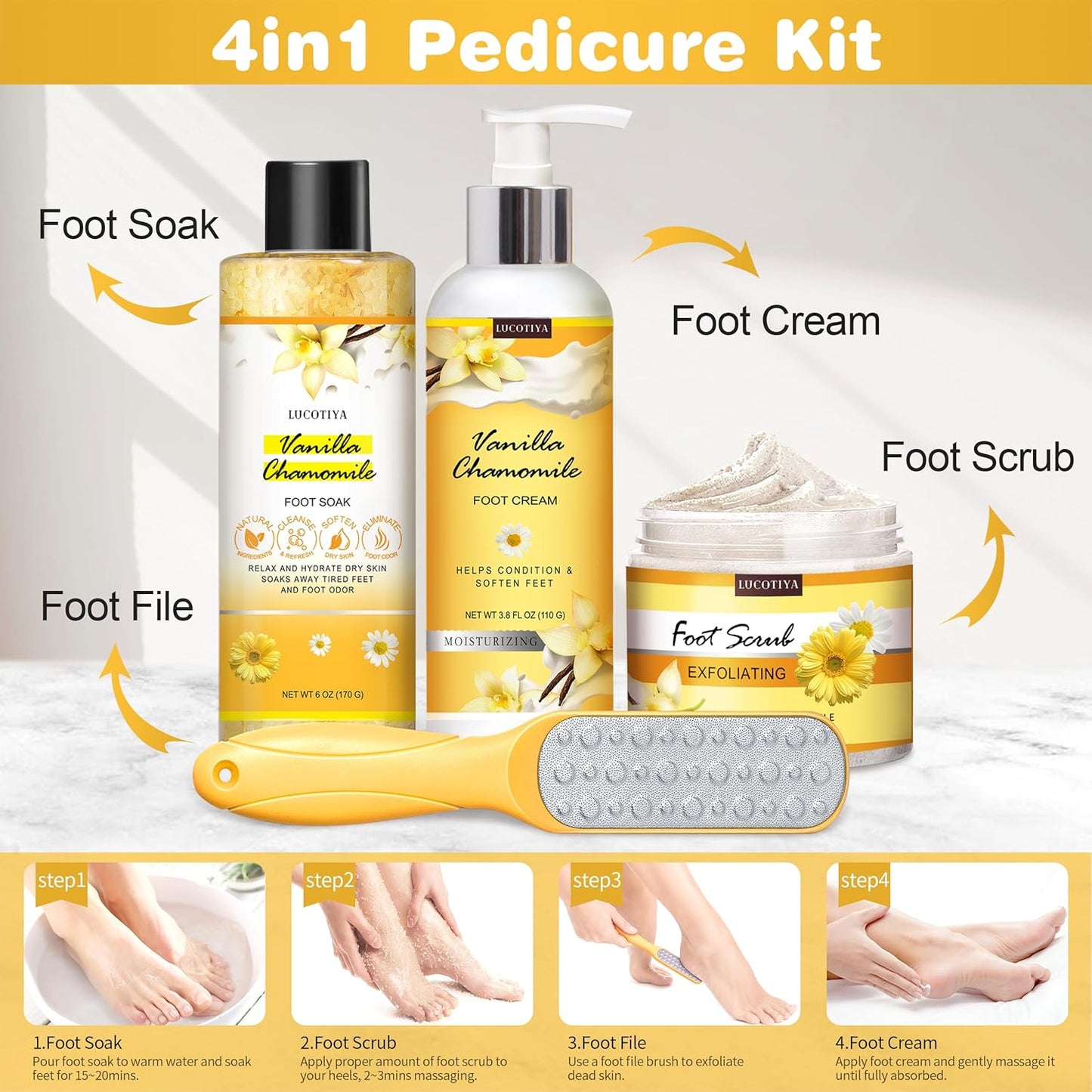LUCOTIYA Foot Soak Set Pedicure Kit, Vanilla chamomile Foot Soak Salts,Foot File,Foot Scrub & Urea Foot Cream,Pedicure Supplies for Dry Cracked Feet for Women