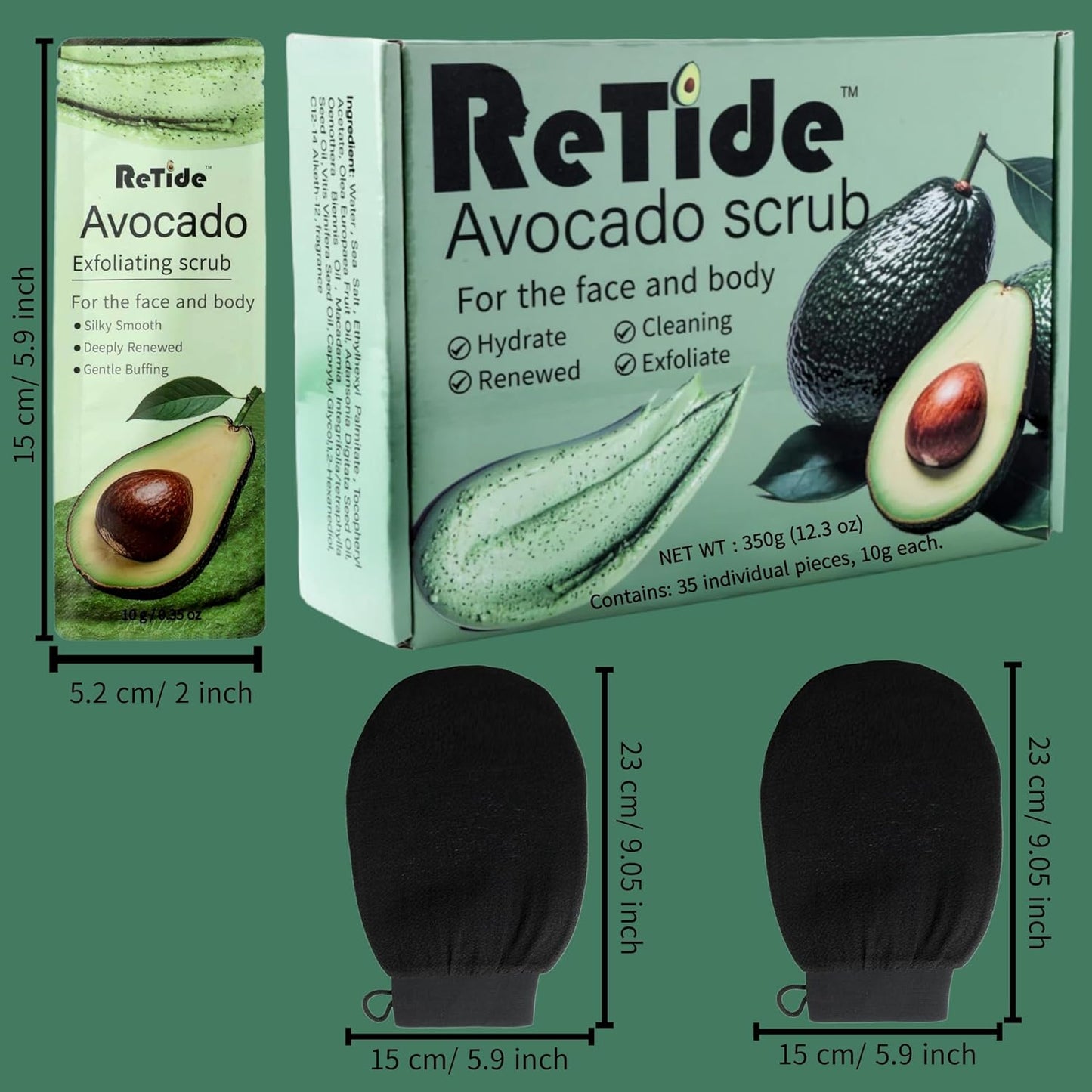 Avocado Body Scrub Gift Set - 35 Packets & 2 Pcs Exfoliating Gloves,Exfoliating & Moisturizing Sugar Scrub for Face & Body, Self Care Gifts for Women