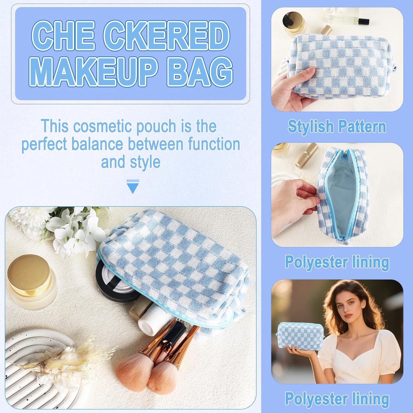 ZLFSRQ 6Pcs Checkered Pencil Case Cute Pencil Pouch for Teens Checkered Makeup Bag Blue Medium Travel Cosmetic Bag Makeup Pouch for Purse Aesthetic Trendy Zipper Toiletry Bags Organizer