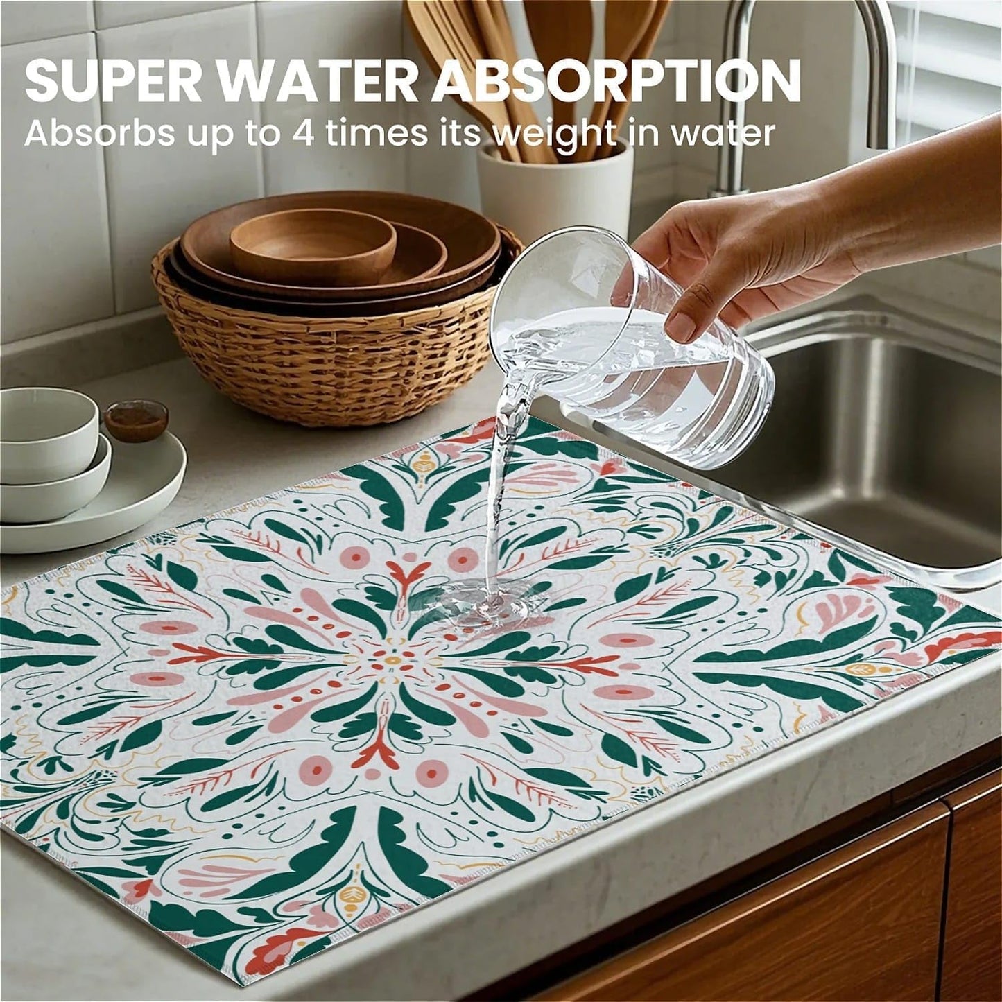 Dish Drying Mat For Kitchen Counter, Garden Tulips Microfiber Absorbent Dish Drainer Rack Pad Reusable Large 18x24in Drying Mat