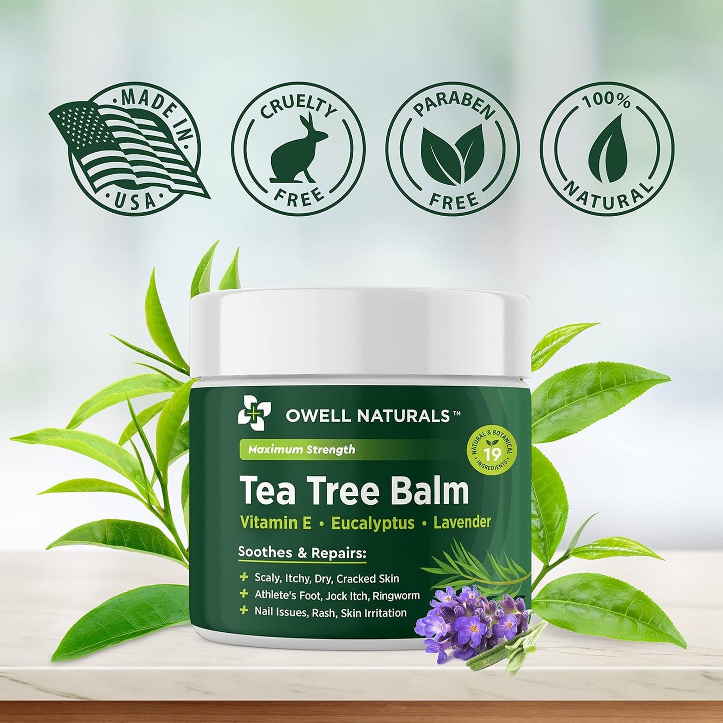 OWELL NATURALS Tea Tree Balm Oil with Vitamin E for Itchy, Dry, Flaky and Cracked Skin, Athletes Foot, Hands, Rashes, Bee Stings, Splinters, Poison Ivy, Insect Bites, Cuts and Burns, (2 Pack)