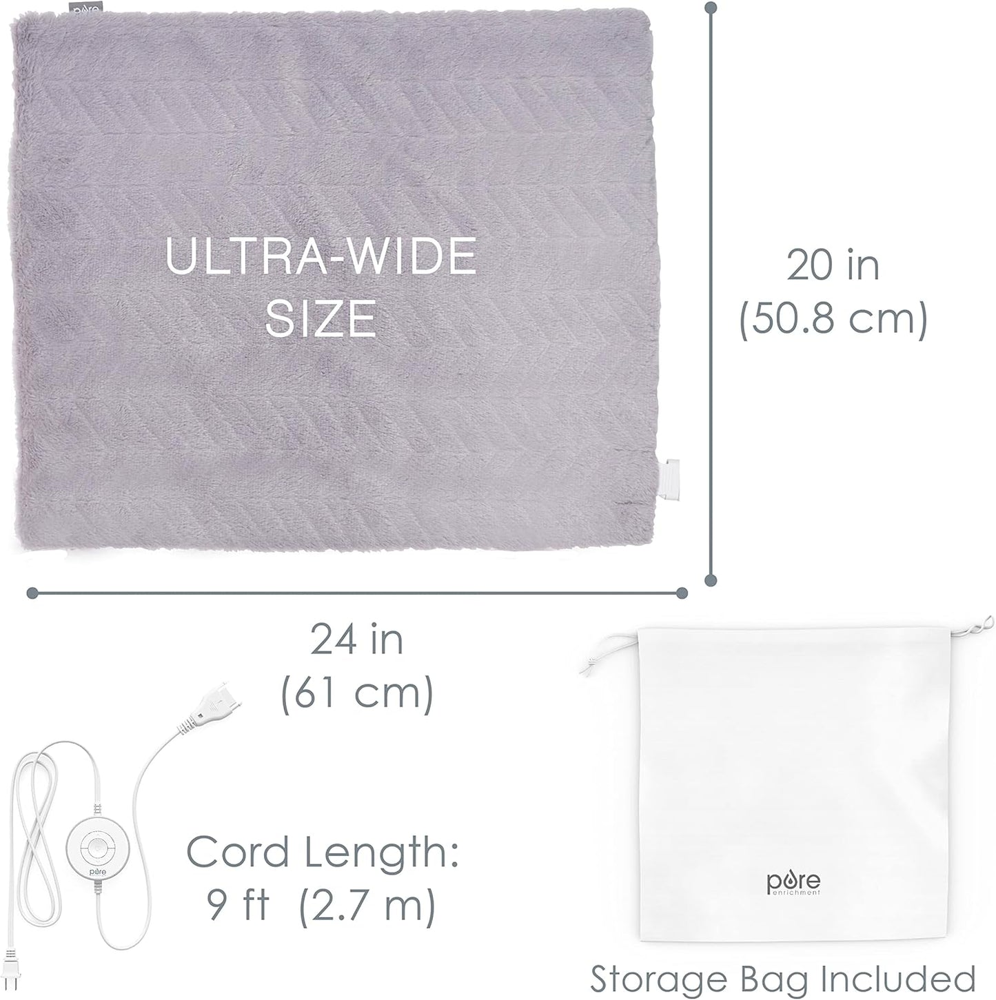 Pure Enrichment PureRadiance Ultra-Wide Heating Pad - 6 Heat Settings, Soft Faux Fur, 20" x 24", Machine Washable