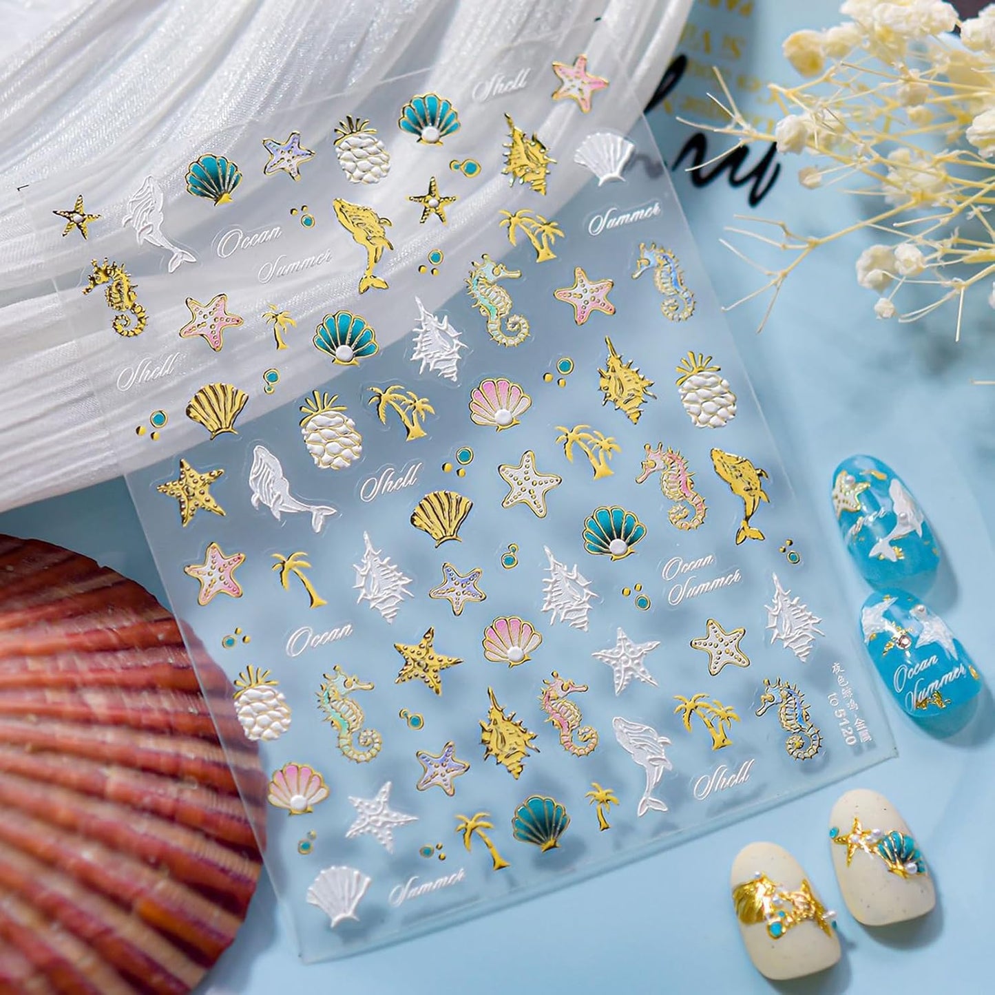 1Pcs Summer Nail Stickers for Nail Art 5D Embossed Pineapple Conch Dolphin Shell Nail Art Sticker Golden Seahorse Nail Decals Coconut Tree Starfish Nails Stickers Ocean Beach Nails Design for Women