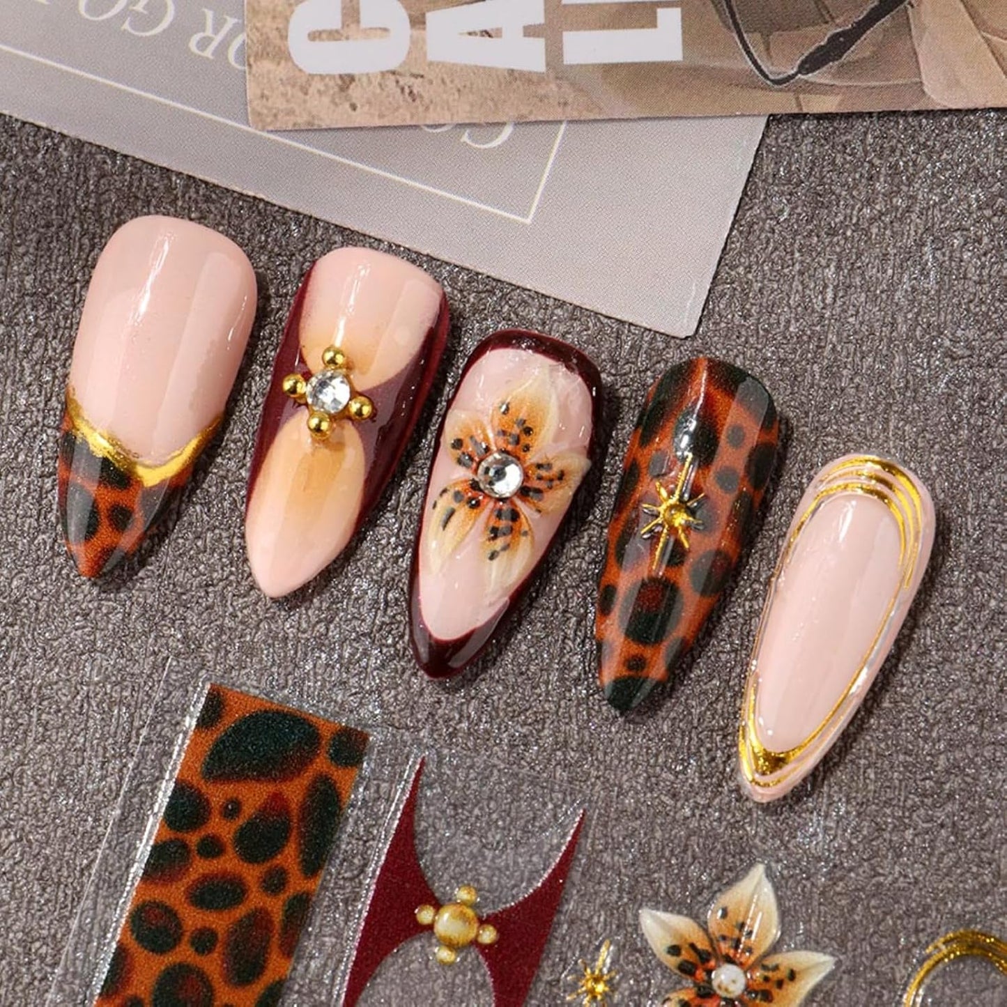 Flower Nail Art Stickers 5D Yellow Brown Flowers Nail Decals 2Pcs Leopard Print Nail Art Supplies Floral Gold Frame Star Autumn Nail Stickers French Sliders for Women Thanksgiving Nail Decorations