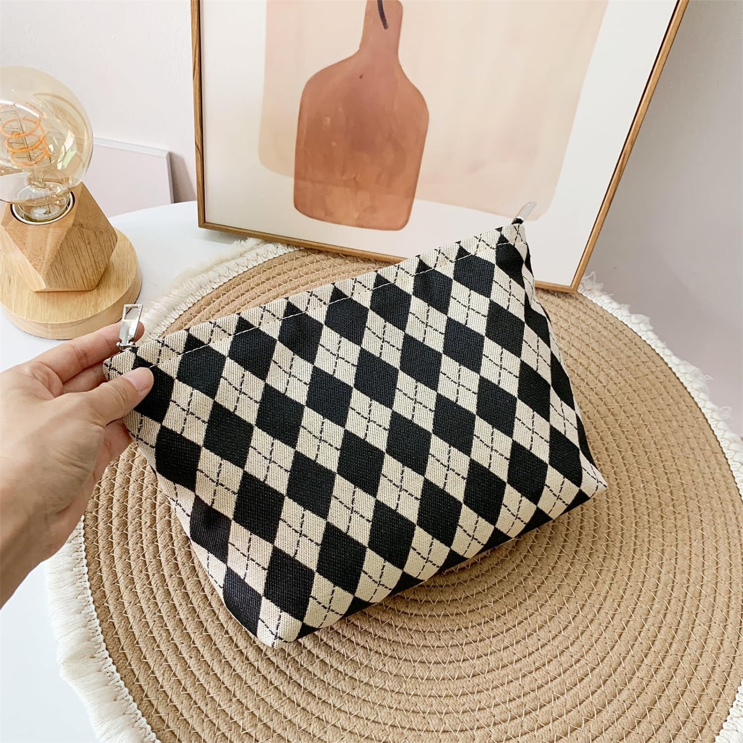 Rhombic Makeup Bag,Travel Makeup Bags for Purse, Small Makeup Pouch, Canvas Make Up Bag, Light Lining Zipper Close Comfortable Lightweight Makeup Bag, Small Cosmetic Bag, Toiletry Pouch