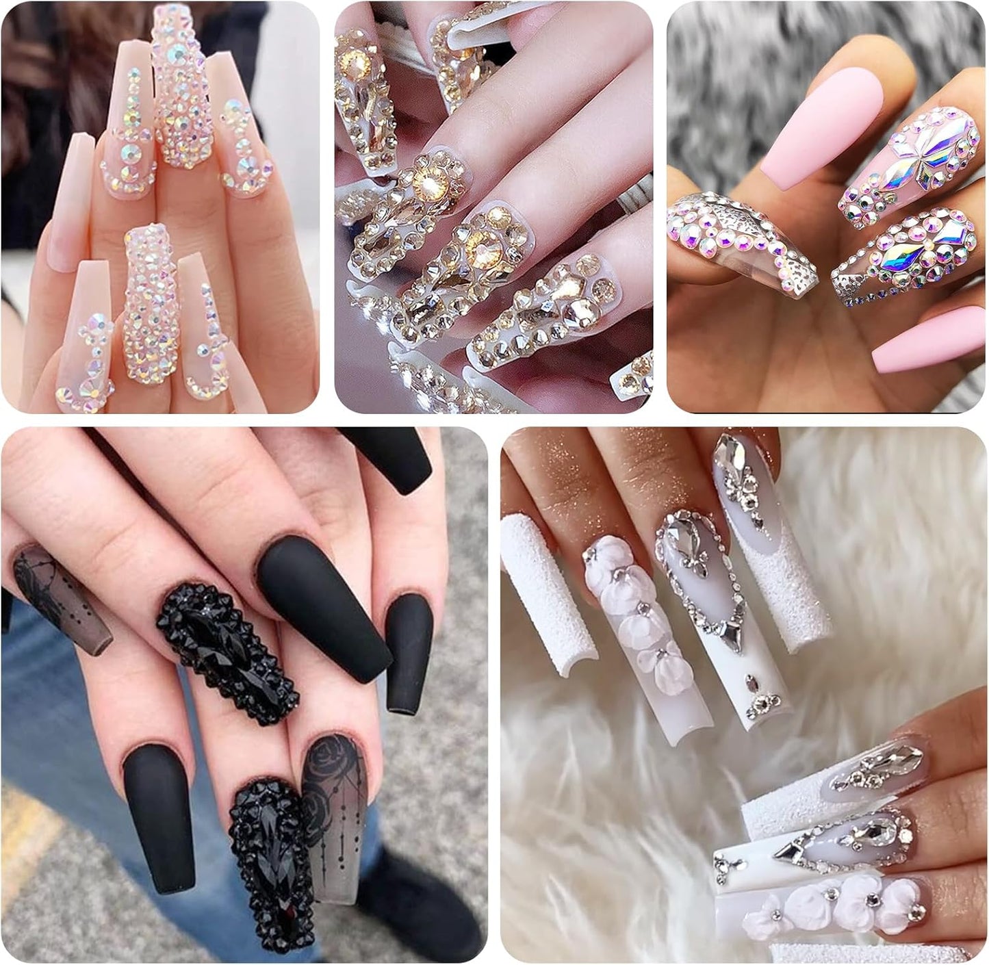 Dowarm 6000PCS Black Nail Rhinestones Kit, 16 Types of 800PCS Special-Shaped Diamonds + 5200PCS Flatback Rhinestones, 3D Glass Gemstones for Nail Crafts Decoration, Jewelry Gem Stones Charm