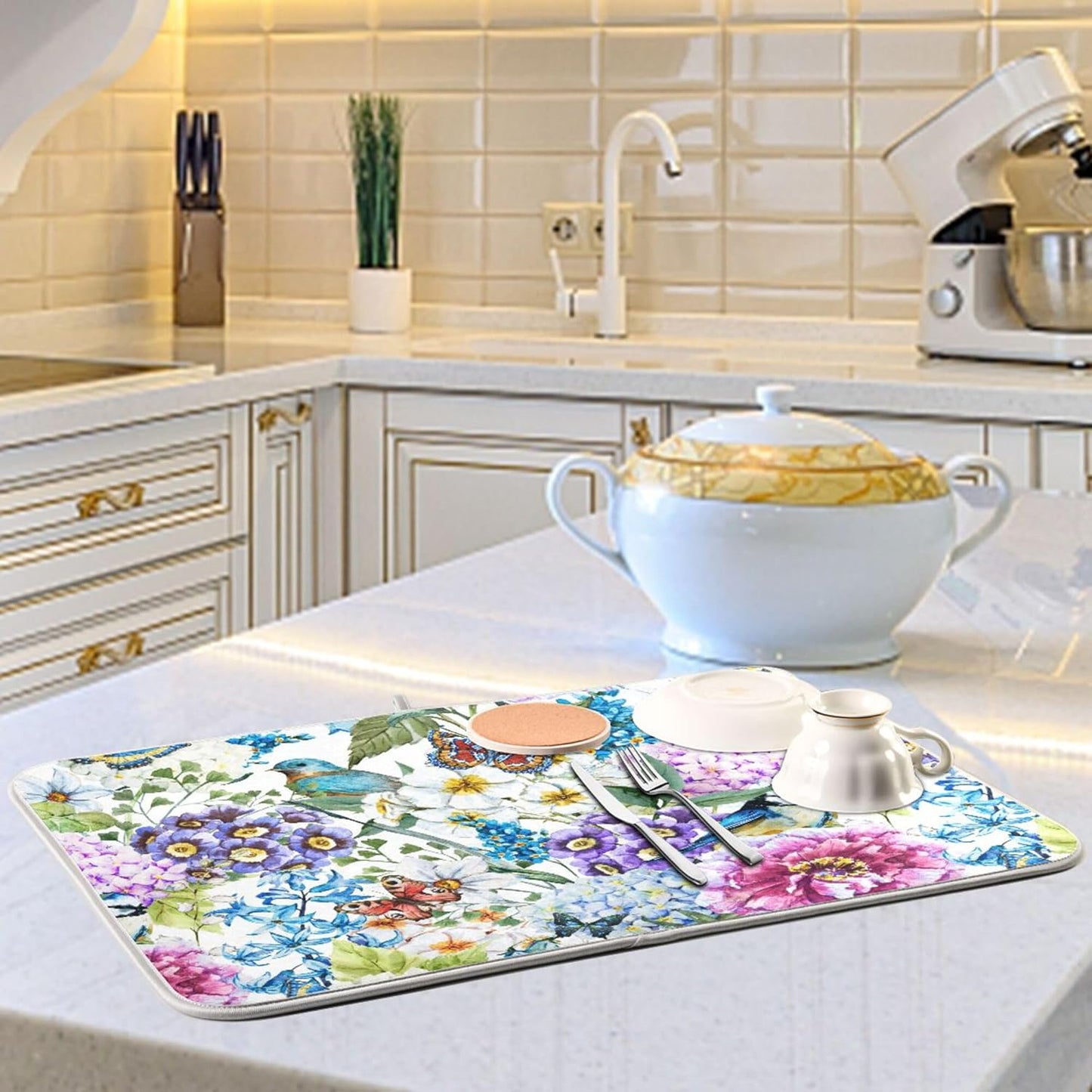 Floral Birds Dish Drying Mat for Kitchen Spring Globe Daisy Butterfly Flowers Microfiber Drying Mats Absorbent Reversible Dish Pad Large Dish Draining Mat 18x24 inch