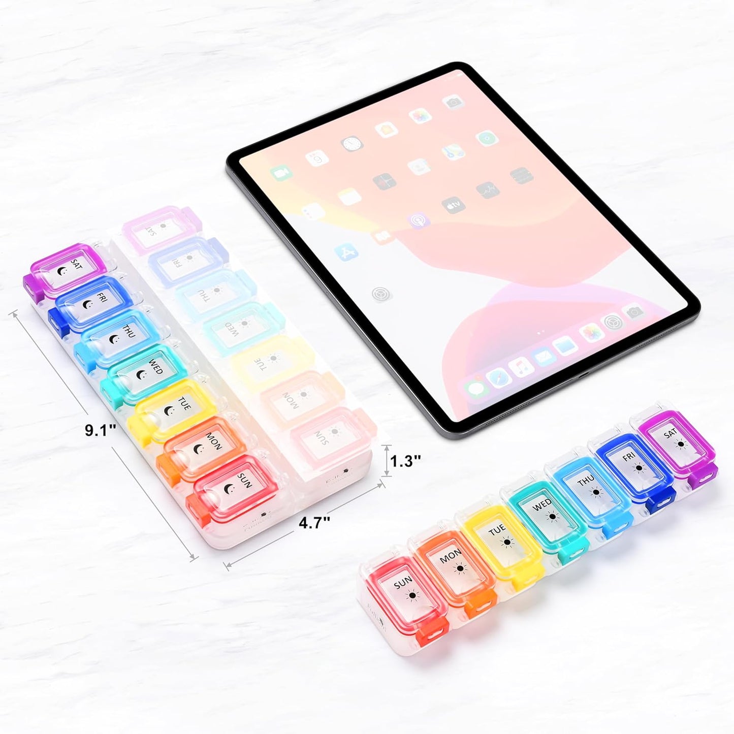 Fullicon Moisture Proof Pill Organizer 2 Times a Day, Large Pill Box 7 Day, Spill Proof Pill Case, Travel Pill Container, Medicine Pill Organizer with Secure Lids, Daily Pill Organizer (Rainbow Clear)