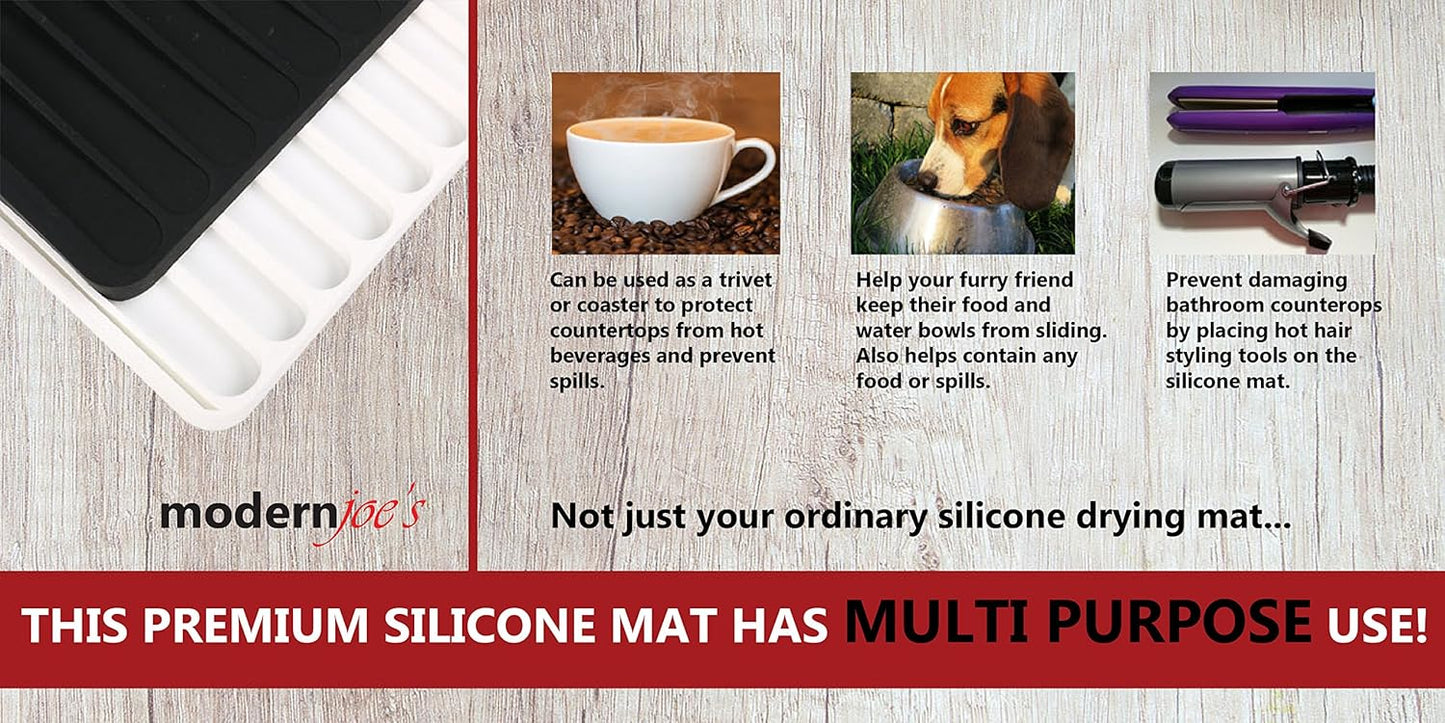 Self-Draining 2 in 1 Silicone Drying Mat and Trivet by Modern Joe's. Premium Space Saving Dish and Glassware Silicone Mat. Made from Food-grade, Dish Washer Safe and Heat Resistant (White)