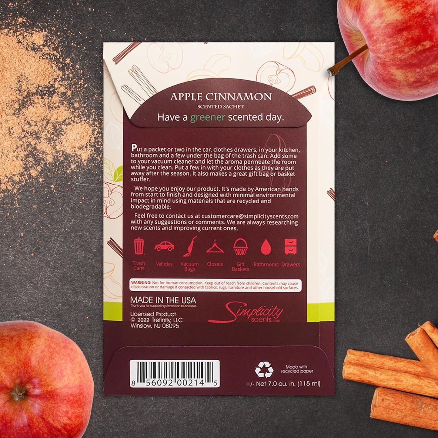 Simplicity Scents Apple Cinnamon Scented Sachets Pack of 3, Fall & Winter - Long-Lasting Scented Bags, Home Fragrance, Air Freshener & Deodorizer for Closet, Room, Drawer, or Cars, Made in USA