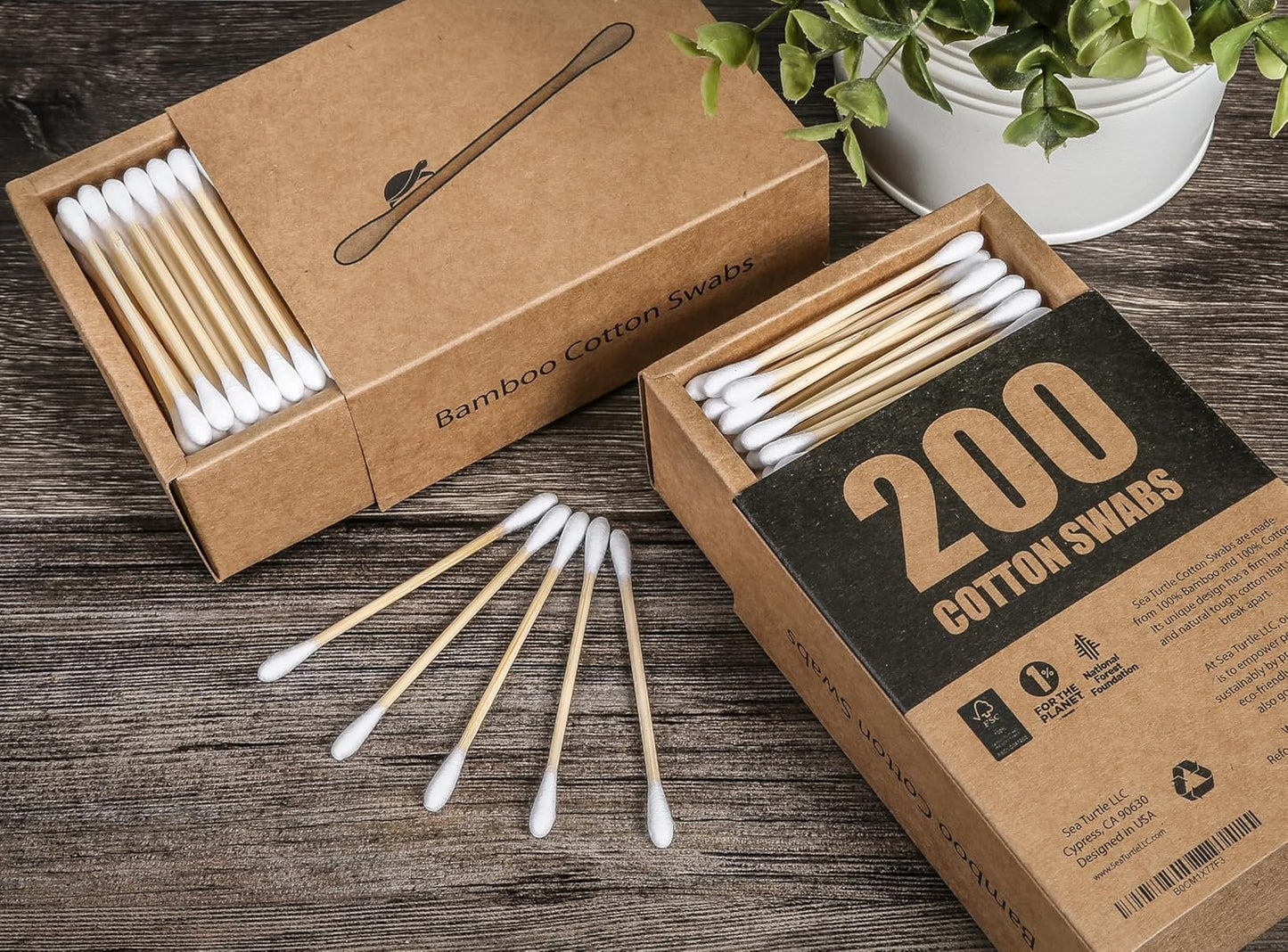Sea Turtle Bamboo Cotton Swabs (200 Count) - Vegan, Eco Friendly, Organic, Double Tips, Plastic Free Wooden Ear Sticks, All Natural 100% Biodegradable Cotton Buds
