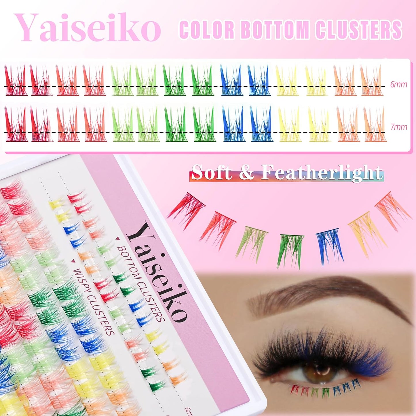 Wispy Colored Lash Clusters with Bottom Lashes Individual Lashes D Curl 8-16mm Mixed 7 Colors Rainbow DIY Eyelash Extension Colorful Cluster Lashes Pack by Yaiseiko