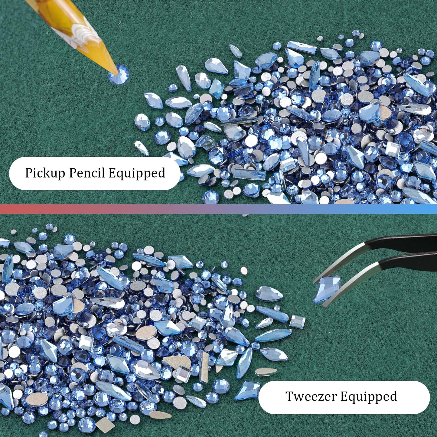 Multi Shapes Light Blue 3D Glass Crystal Nail Art Rhinestones Kit with Flatback Round Bead Charm Gem Stone Jewelry Diamond with Pickup Pen + Tweezer for Manicure Makeup DIY Craft Decoration