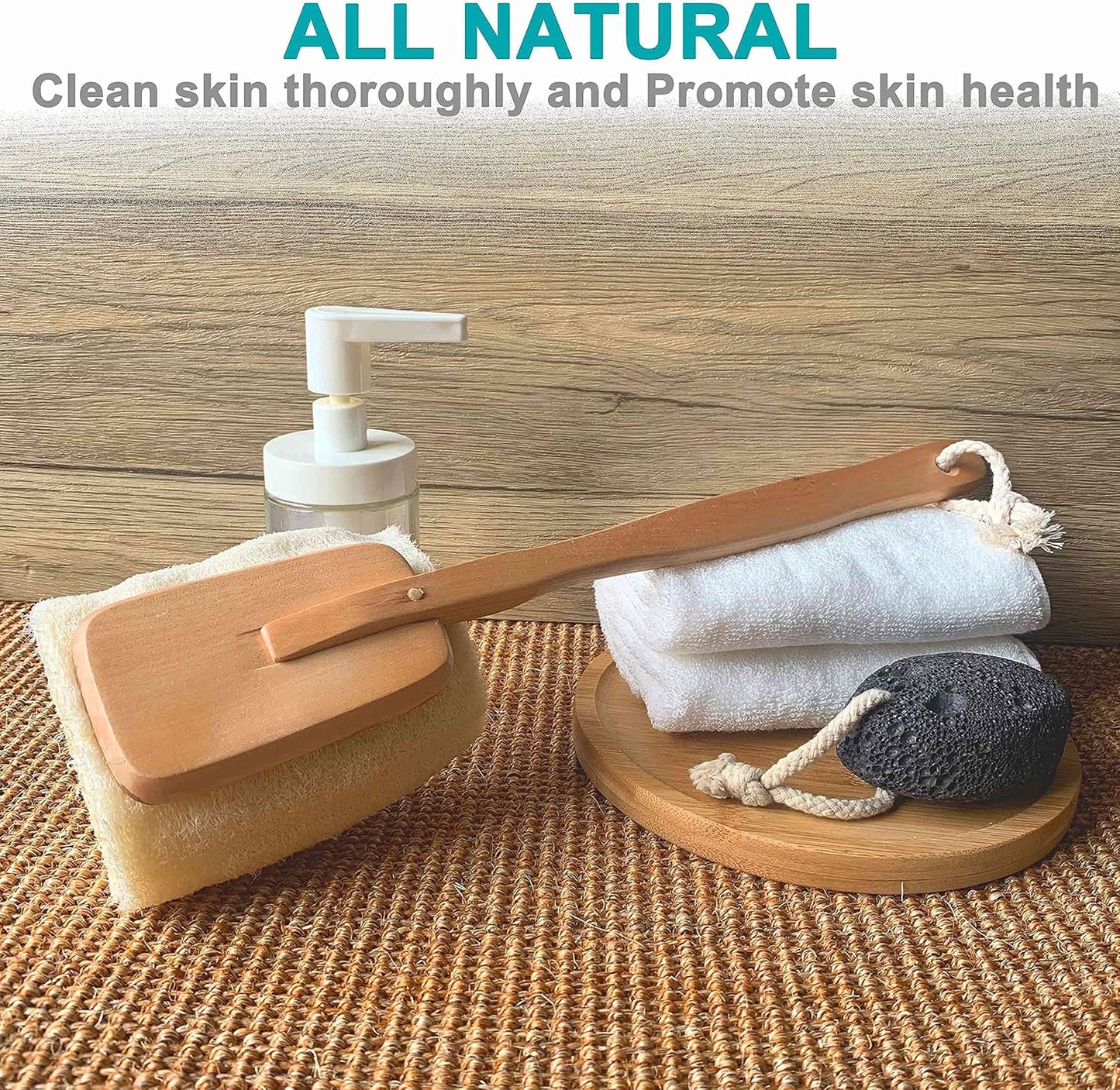 2 Pack Natural Exfoliating Loofah luffa loofa Bath Brush On a Stick - with Long Wooden Handle Back Brush for Men & Women - Shower Sponge Body Back Scrubber