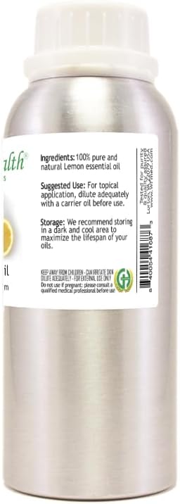 Lemon Essential Oil – 8 fl oz (237 ml) Aluminum Bottle w/Plug Cap – 100% Pure Essential Oil – GreenHealth