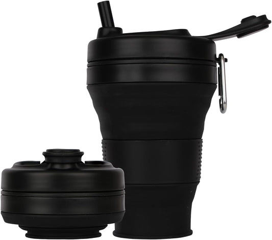 Silicone Coffee Cup with Straw lid Collapsible Cups for Traveling 20oz Lightweight Folding Water Mug for Picnic Hicking Camping Climbing (Black)