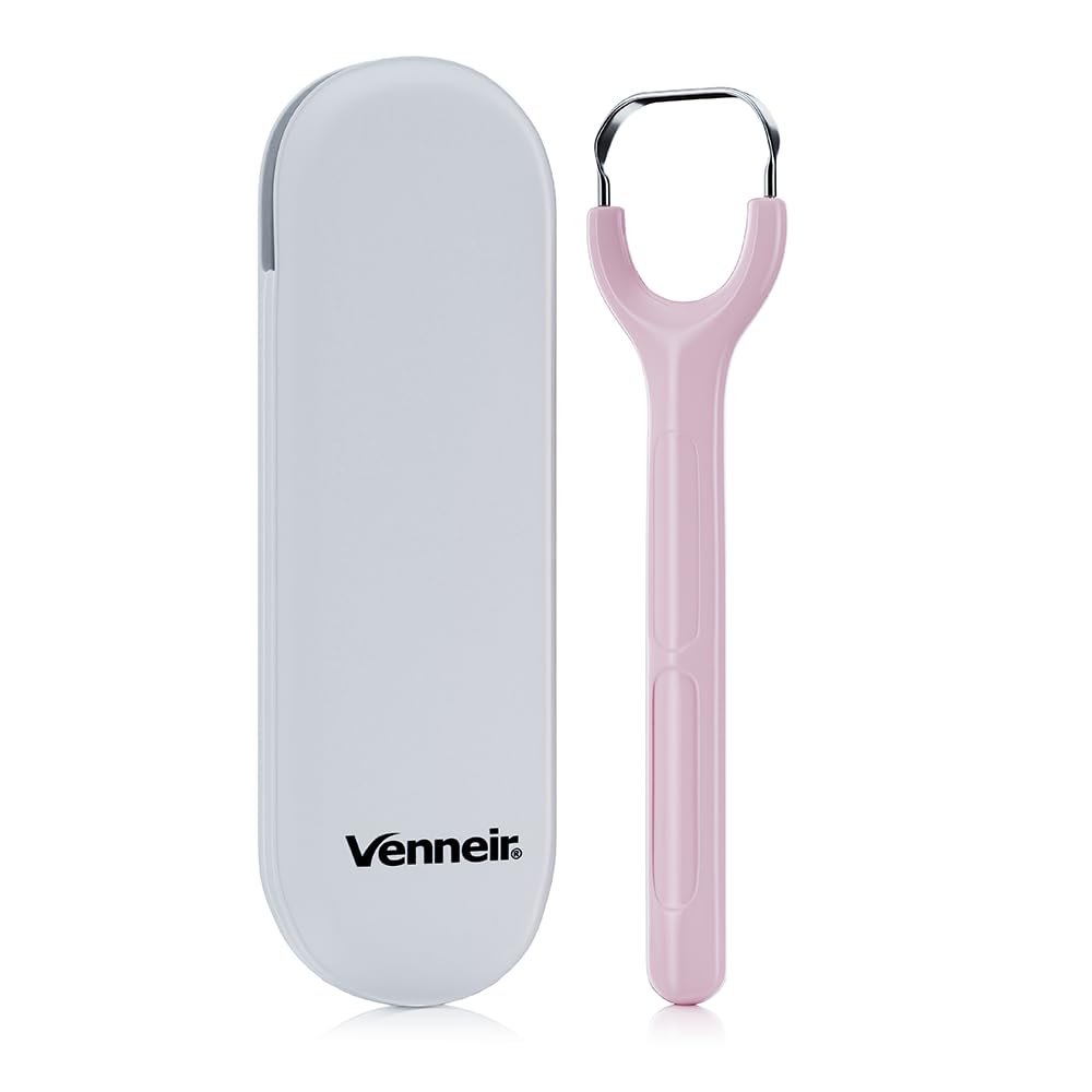 Venneir® Tongue Scraper with Travel Case, Oral Glide Pro–Bad Breath Treatment, Medical-Grade Stainless Steel– for Adults & Kids. 100% Rustproof, Sleek & Effective Design (Pink Frost)