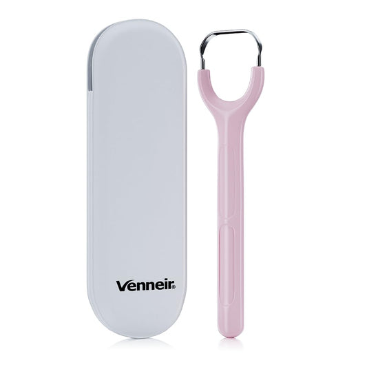 Venneir® Tongue Scraper with Travel Case, Oral Glide Pro–Bad Breath Treatment, Medical-Grade Stainless Steel– for Adults & Kids. 100% Rustproof, Sleek & Effective Design (Pink Frost)