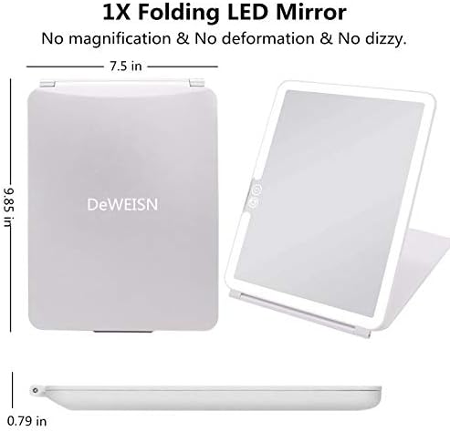 deweisn Folding Lighted Makeup Mirror with 72 LEDs 3 Colors Light Modes USB Rechargable 1800mA Batteries Portable Ultra Thin Compact Vanity Mirror Dimmable Travel Mirror