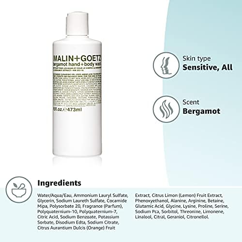 Malin + Goetz Essential Bergamot Purifying, Hydrating Hand + Body Wash, Natural Ingredients for All Skin Types, Soap for Sensitive, Dry Skin, No Stripping, Irritation, 16 Fl Oz