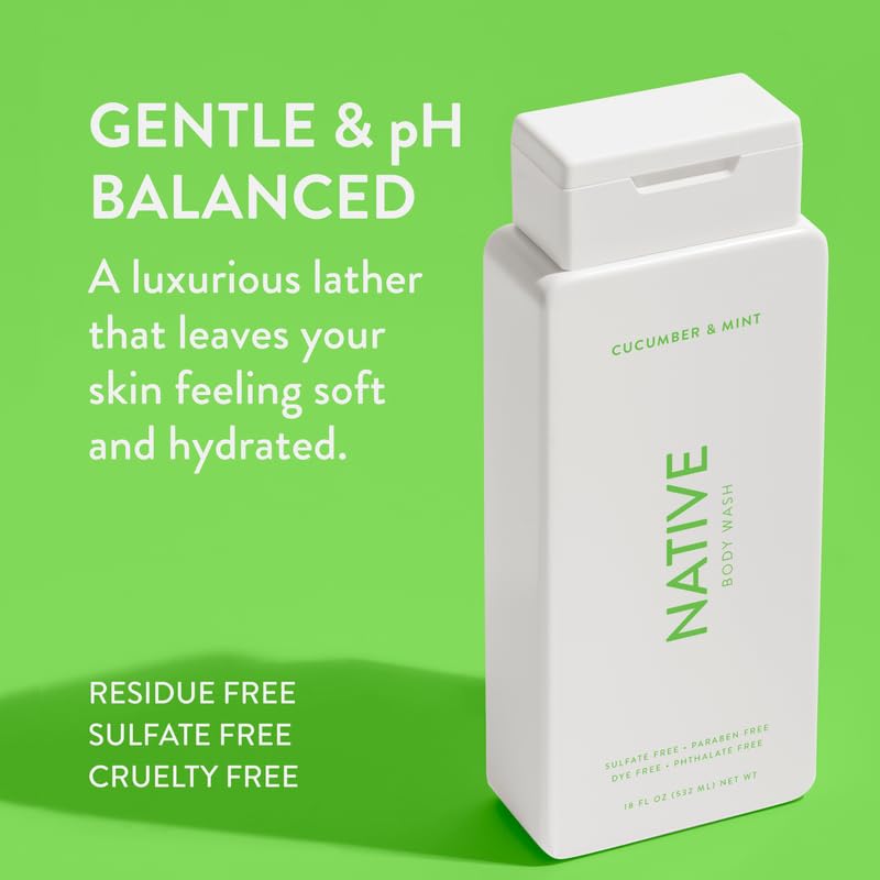 Native Body Wash Contains Naturally Derived Ingredients | For Women & Men, Sulfate, Paraben, & Dye Free Leaving Skin Soft and Hydrated | Cucumber & Mint 18 oz - 2 Pk