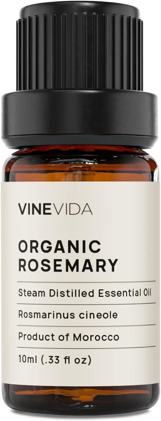 VINEVIDA Organic Rosemary Essential Oil 10 mL - Pure, Undiluted, Vegan, Reusable Glass Bottle with Euro Dropper for DIY Projects