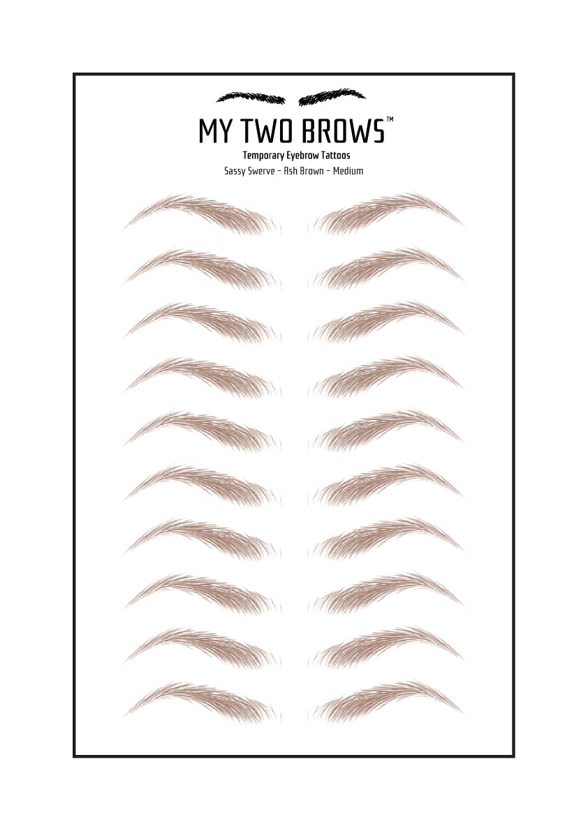 (10 pairs) Ash Brown Temporary Eyebrow Tattoo - Medium Size - Waterproof & Smudgeproof - Sassy Swerve Style Eyebrow Stickers - Sheet Lasts up to 30 Days - Won't Work on Existing Brows