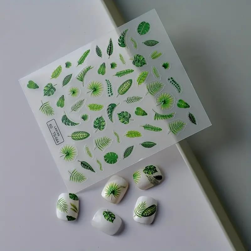 Fall Nails Stickers Monstera Leaves Nails Sticker 5D Embossed Banana Leaf Self Adhesive Sticker Nail Decals Green Leaves Thanksgiving Nail Art Decal Halloween Decals for Nail DIY Manicure 1Sheet