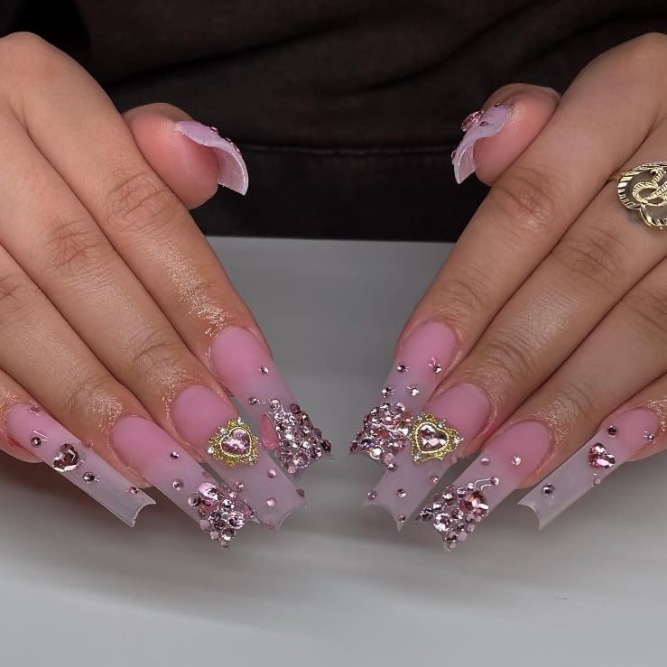 Nail Rhinestones - 3D Multi Shape Size, Flat Back, Manicure Rhinestones Charms, Crystal Pink Gems, with Kit, for Nail Art, Bedazzling Acrylic Nails, DIY Decor