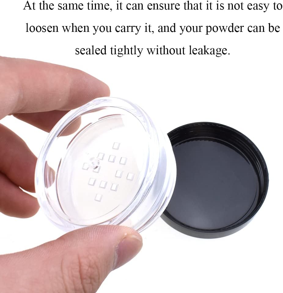 HAHIYO 4pcs 10ml/0.34oz Plastic Empty Travel Compact Case Makeup Cosmetic Jar Refillable Powder Box No Leak Holder with Common Sifter and Black Screw Lid