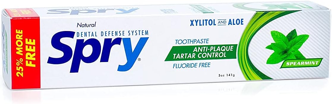 Spry Natural Xylitol Toothpaste 5oz for Adults and Kids - Fluoride Free, Gentle for Sensitive Teeth Whitening and Remineralizing, Breath Freshening, Mouth Moisturizing, Spearmint (Pack of 2)