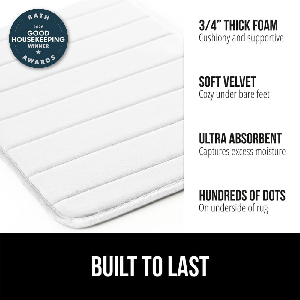 GORILLA GRIP Memory Foam Bath Mat, Soft Absorbent US Designed Bathroom Rug, Gripping Dots Machine Washable Bathmat, Cushioned Floor Mats, Shower Sink Rugs Room Décor Accessories, 30x20 White