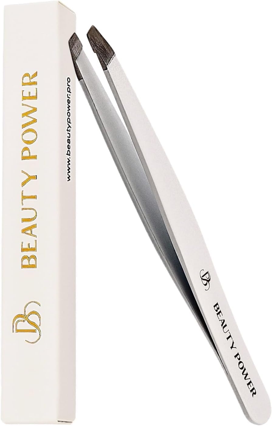 Slant Tip Precision Tweezers - Stainless Steel Eyebrow Tweezers for Women & Men - Precision Tweezers for Facial Hair, Ingrown Hair & Brow Shaping - Professional Beauty Tool (White)