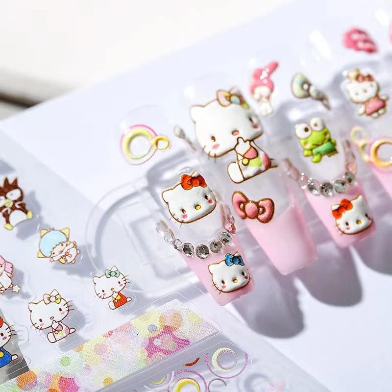 Dedyel Cute Nail Stickers 5D Embossed Cartoon Cat Nail Stickers Kawaii Animal Self-Adhesive Nail Decals for Women Girls Kids Nail Art Decoration