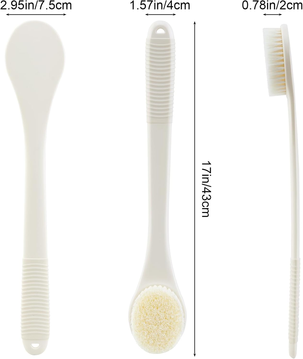 Back Scrubber for Shower, Shower Body Brush for Cleaning with Long Handle for Showering, 17 Inch Back Washer Exfoliator for Shower Men Women with Non-Slip Handle, Adhesive Hook (Cream White)