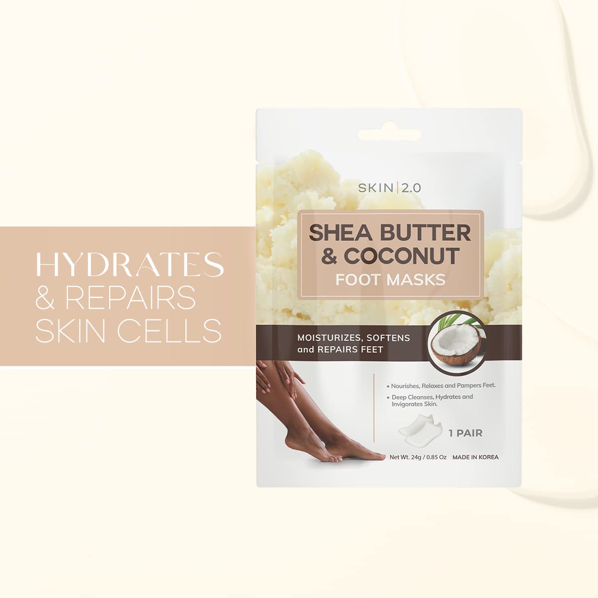 Shea Butter & Coconut Foot Masks - Softens Calluses, Treats Cracked Heels, Soothing & Hydrating - Dermatologist Tested Korean Skincare - Clean Beauty, Cruelty-Free, All Skin Types - 3 Pairs
