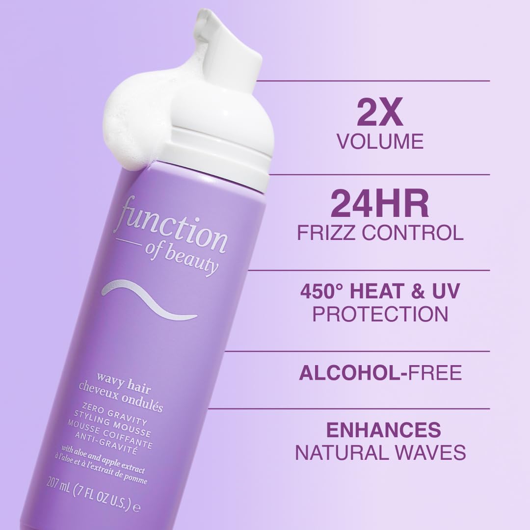 FUNCTION OF BEAUTY Zero Gravity Styling Mousse, 7 oz – Adds Volume + Defines Natural Waves, Frizz Control + Flexible Hold, Lightweight Feel, No Crunch or Stiffness, Heat Protection Up to 450°F