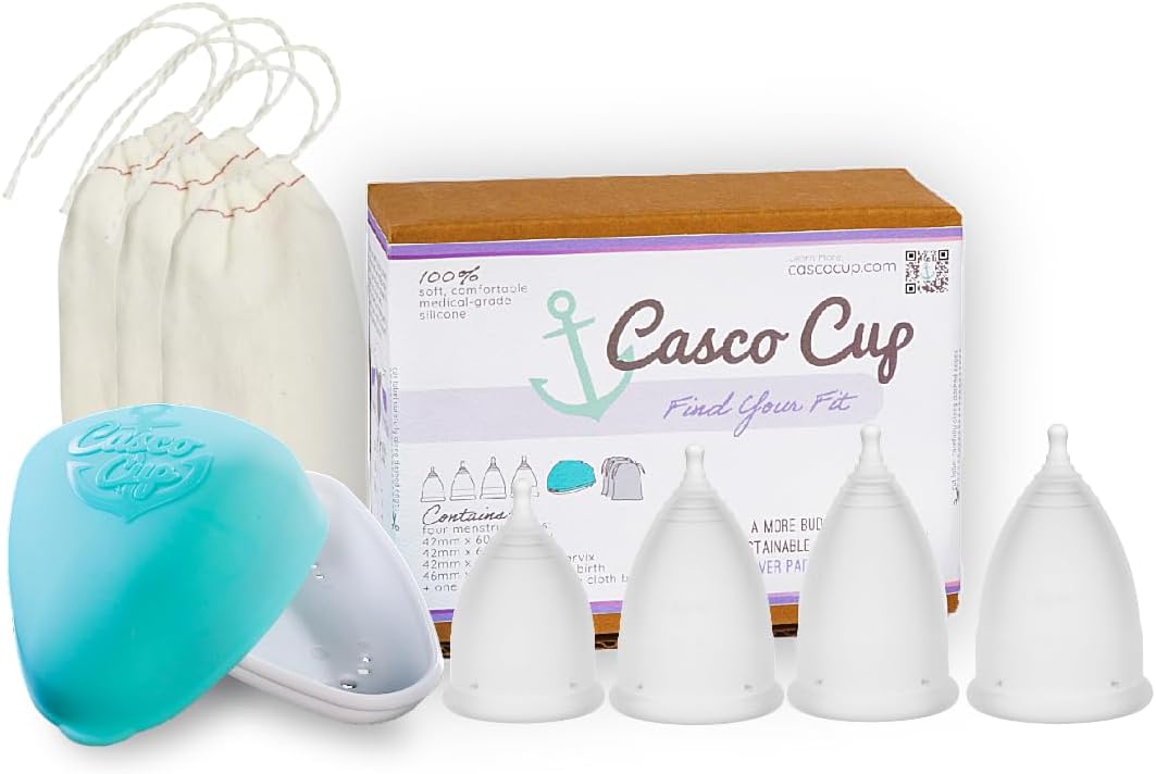 Casco Menstrual Cup & Case - Medical Grade Silicone Period Cup Made in Maine USA, Reusable Menstrual Cup. (4 Reusable Cups - Find Your Fit)