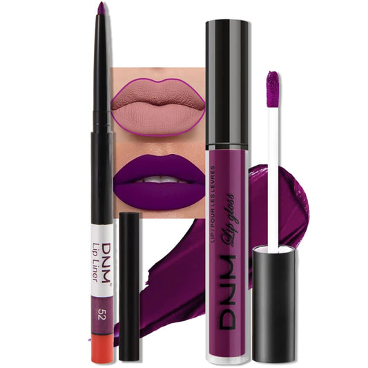 evpct 2Pcs Purple Matte Liquid Lipstick Lip Gloss Stain and Retractable Lip Liner Makeup Set for Women Long Lasting Waterproof 24 Hours Permanent Lipstick labial mate larga duracion 24 52#