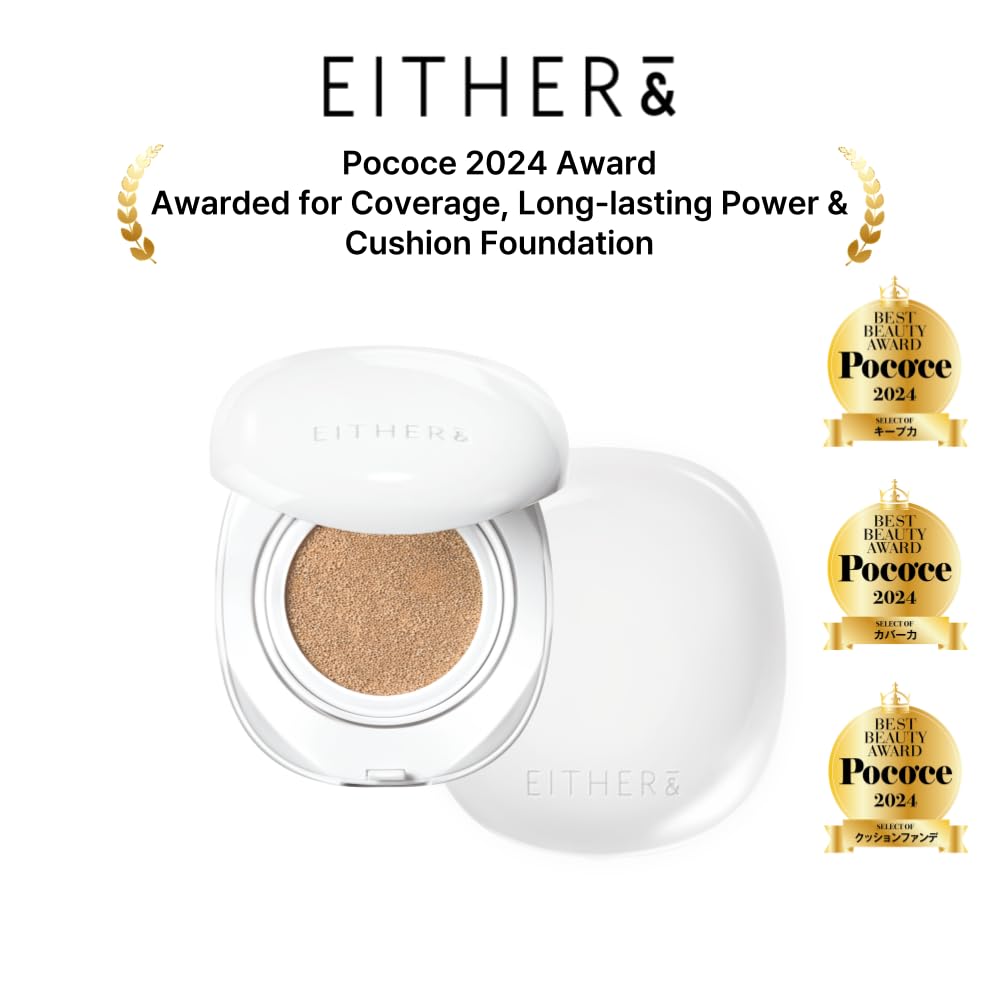EITHER& Glow Pixel Cushion Foundation, Glowy Skincare, Korean Makeup, Natural Coverage, Moisturizing, Lightweight, Long Lasting Coverage for Flawless Skin (22.5P Dawn)
