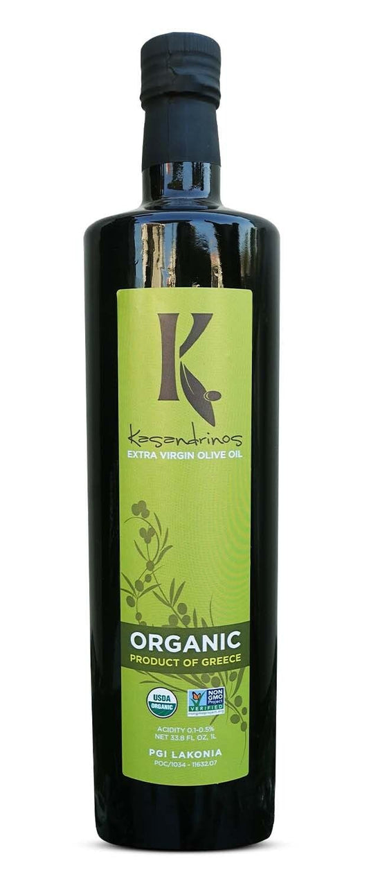 Kasandrinos Organic Olive Oil Extra Virgin, Polyphenol Rich Greek Olive Oil, 100% Organic First Cold Pressed, Mild + Delicate Flavor, Verified by Non GMO, 1 L / 33.8 oz