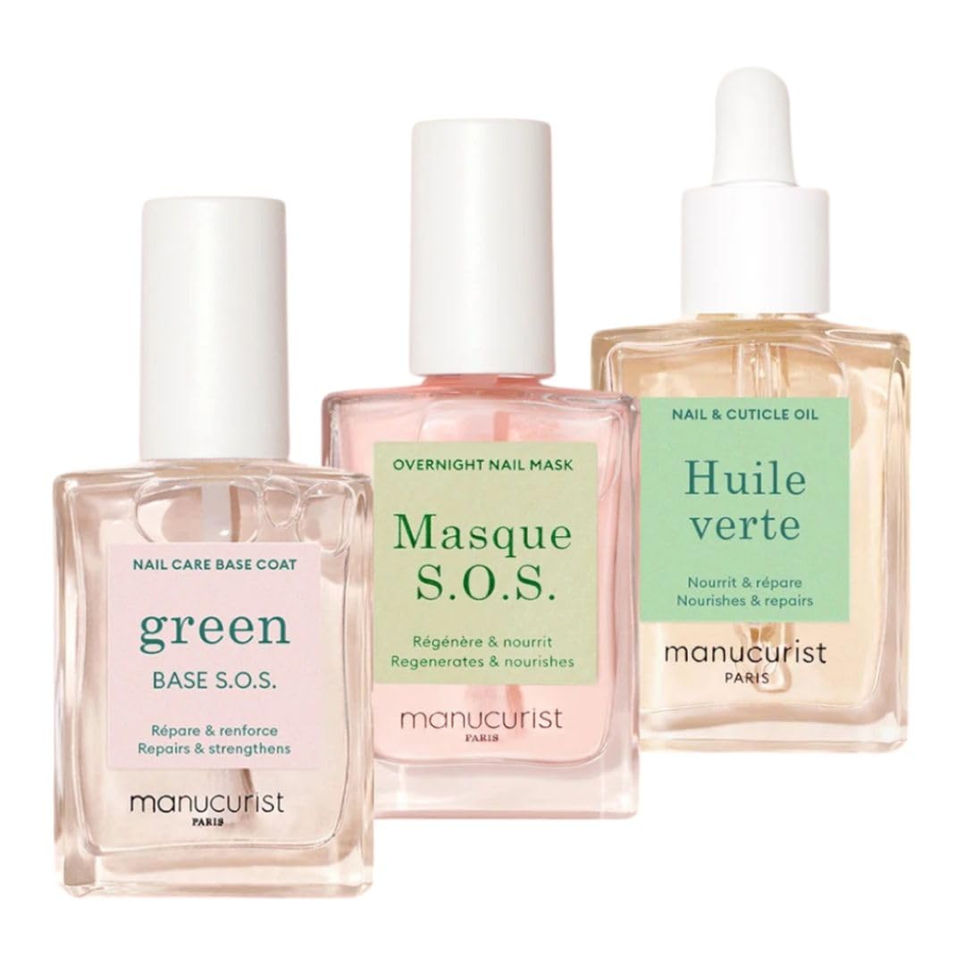 Manucurist Rescue Kit - Nail Care Kit - Nail Repair for Damaged Nails : 1 Strengthening Base Coat, 1 Night Mask for Nails, 1 Nail Cuticle Oil - Nail Strengthener For Damaged Nails - Nail Growth