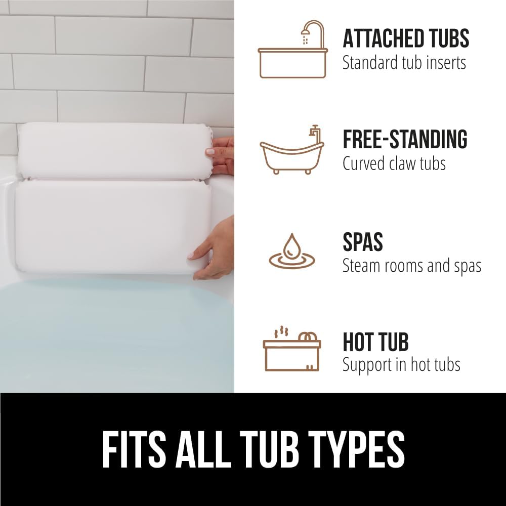 GORILLA GRIP Bath Pillow for Tub, Improved Suction Cups, Luxury Bathtub Pillows, Headrest for Neck and Back Support, Relaxing Home Spa, Hot Tubs and Bathroom Essentials, Gifts for Women, 2 Panel White